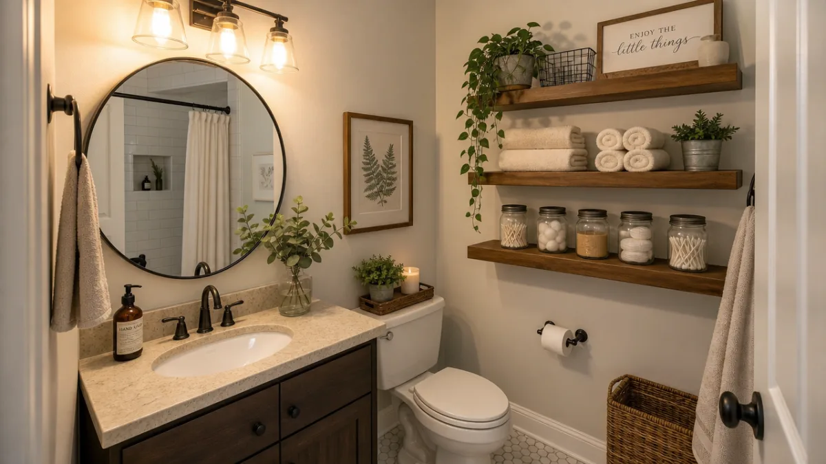a small but elegantly organized bathroom with floating shelves, mason jar organizers,…