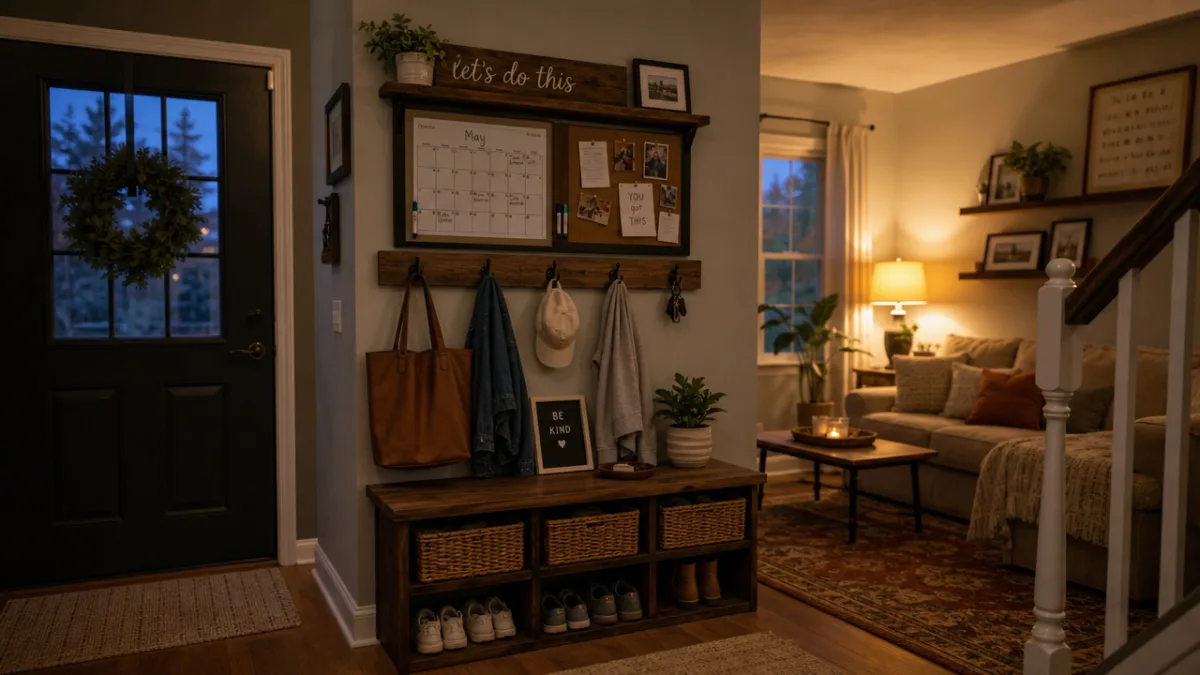 a cozy living room entryway with a DIY command center, wooden hooks,…
