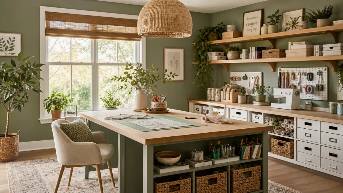 a beautifully styled craft room with sage green walls, warm wooden shelving,…