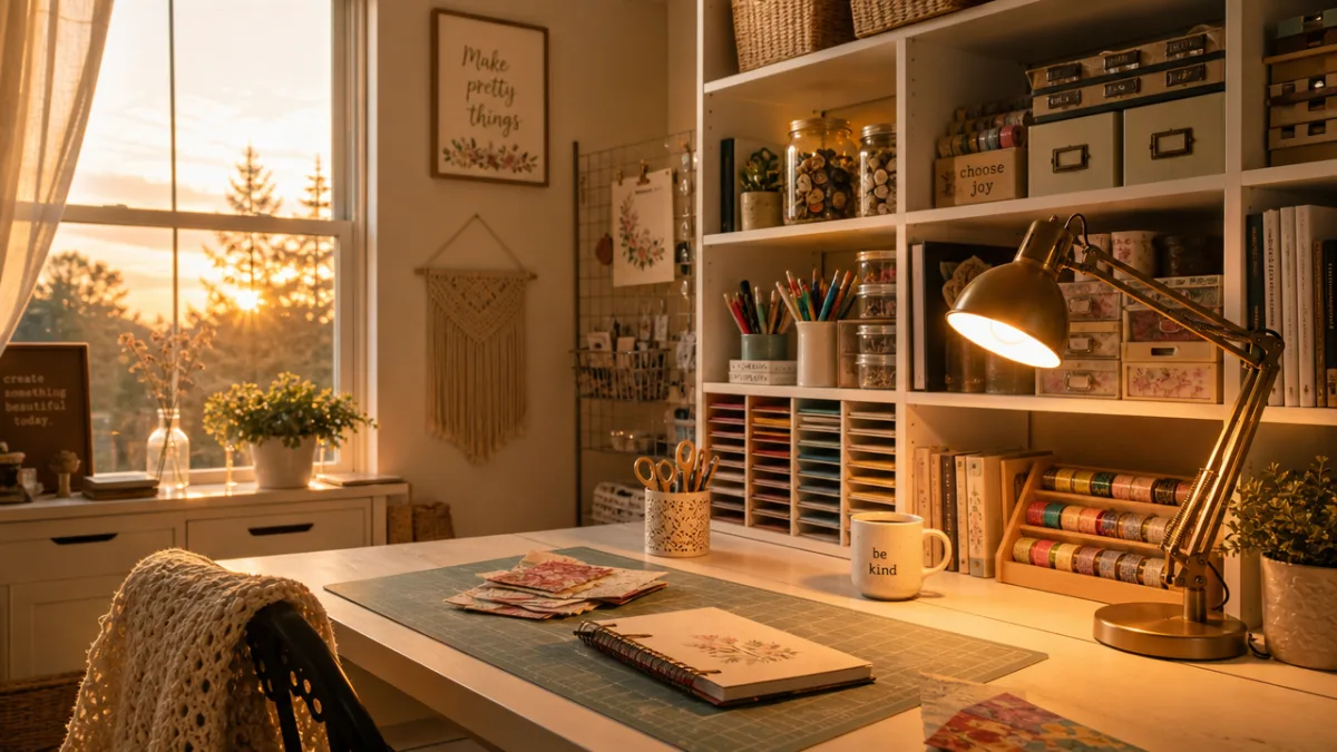 a craft room workspace bathed in warm golden hour light with a…