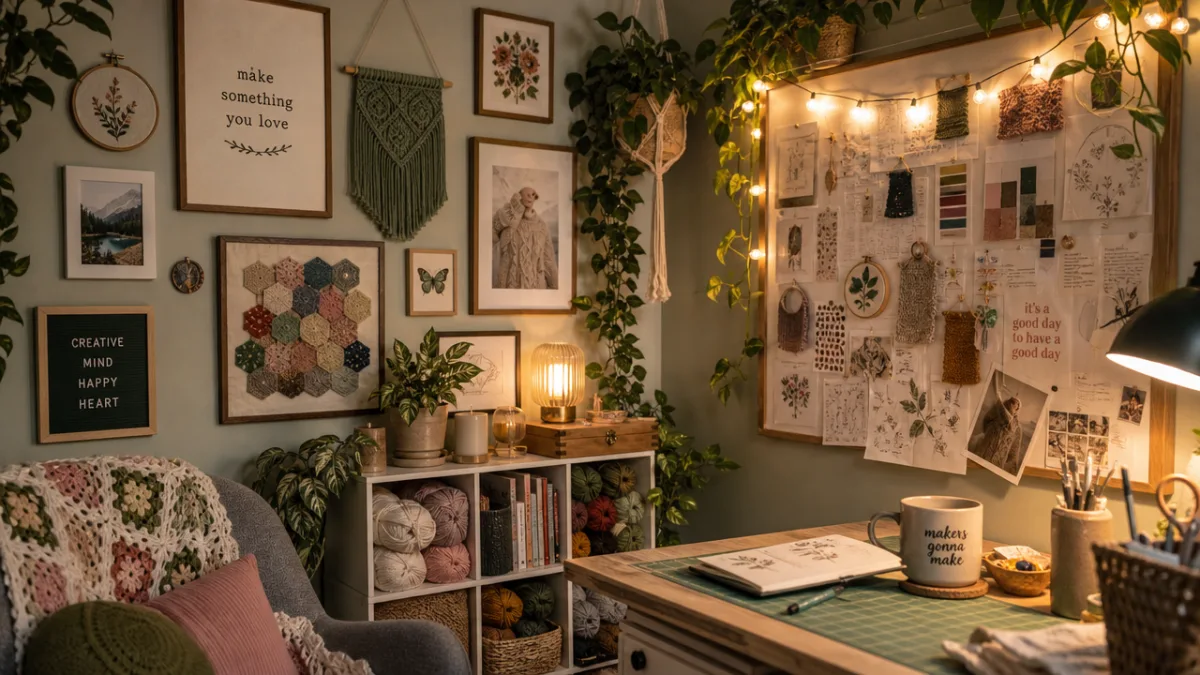 a cozy personalized craft room corner with a gallery wall of finished…