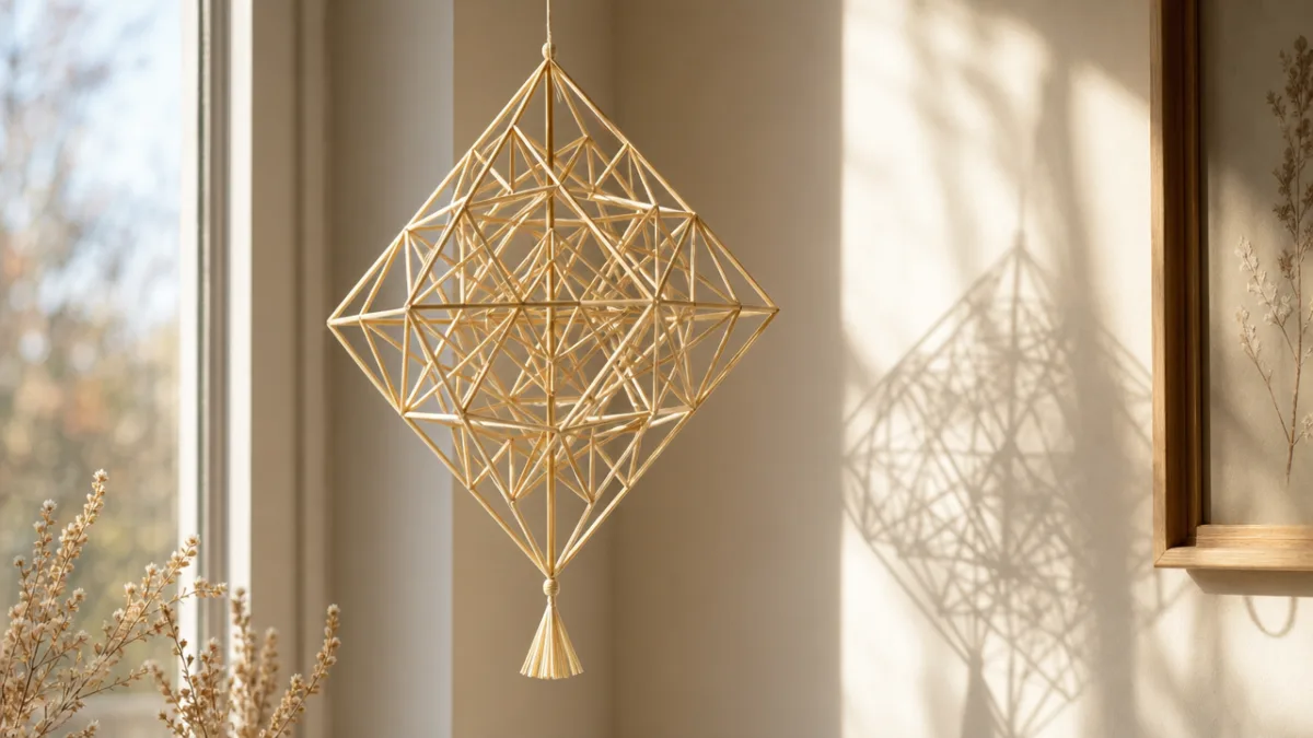 a beautiful geometric straw sculpture hanging near a window with soft afternoon…