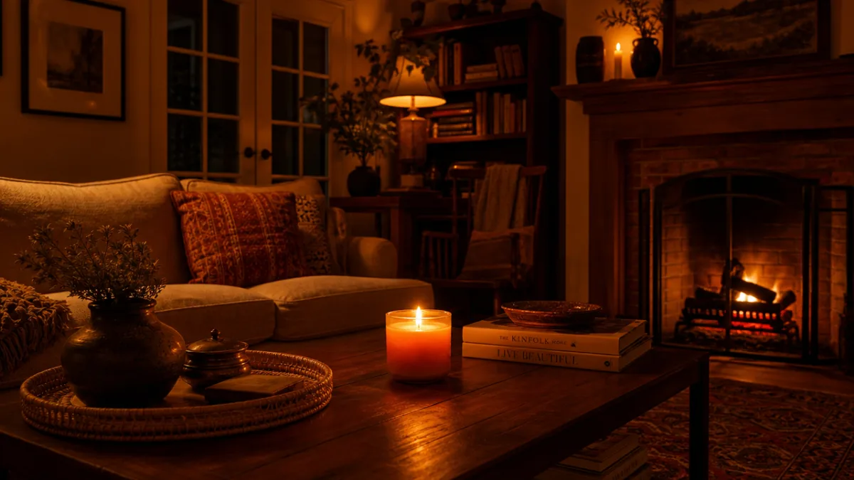 a warm, dimly lit living room with an orange candle glowing on…