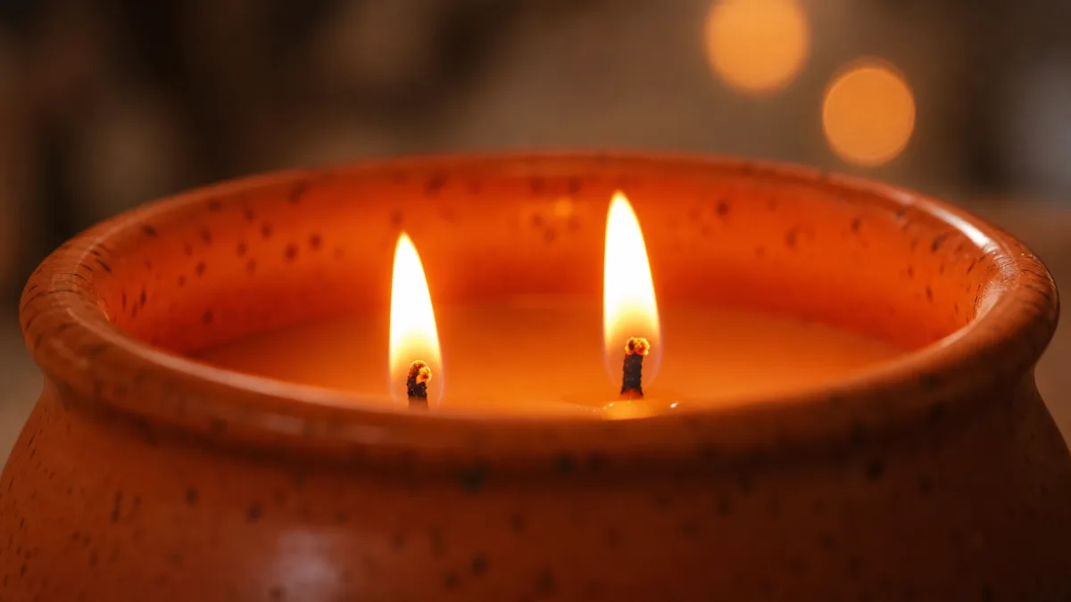 a close-up of two candle wicks glowing warmly inside an orange ceramic…