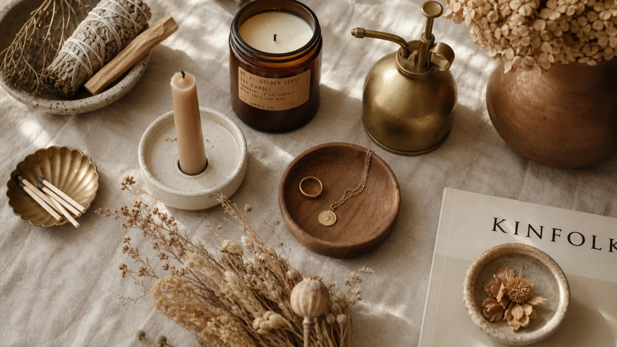 a styled flat lay of candles, dried botanicals, and warm-toned home décor…