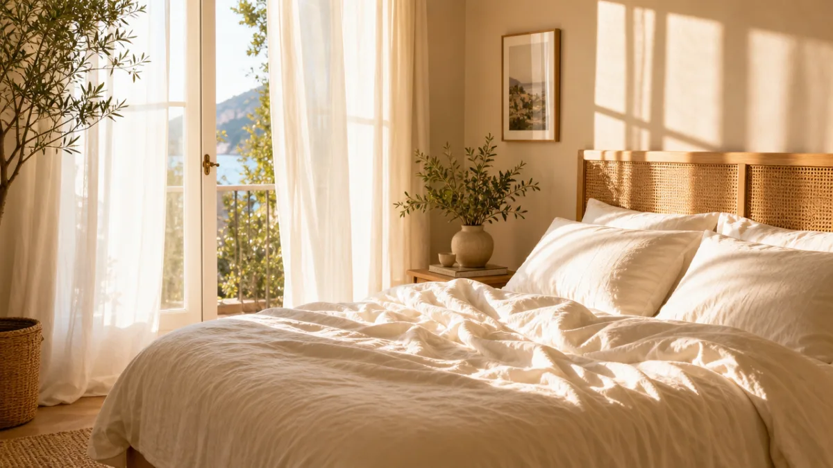 a sun-drenched bedroom with sheer white curtains, warm golden morning light casting…