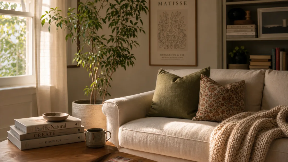 a cozy living room corner with a cream sofa, stacked books, and…