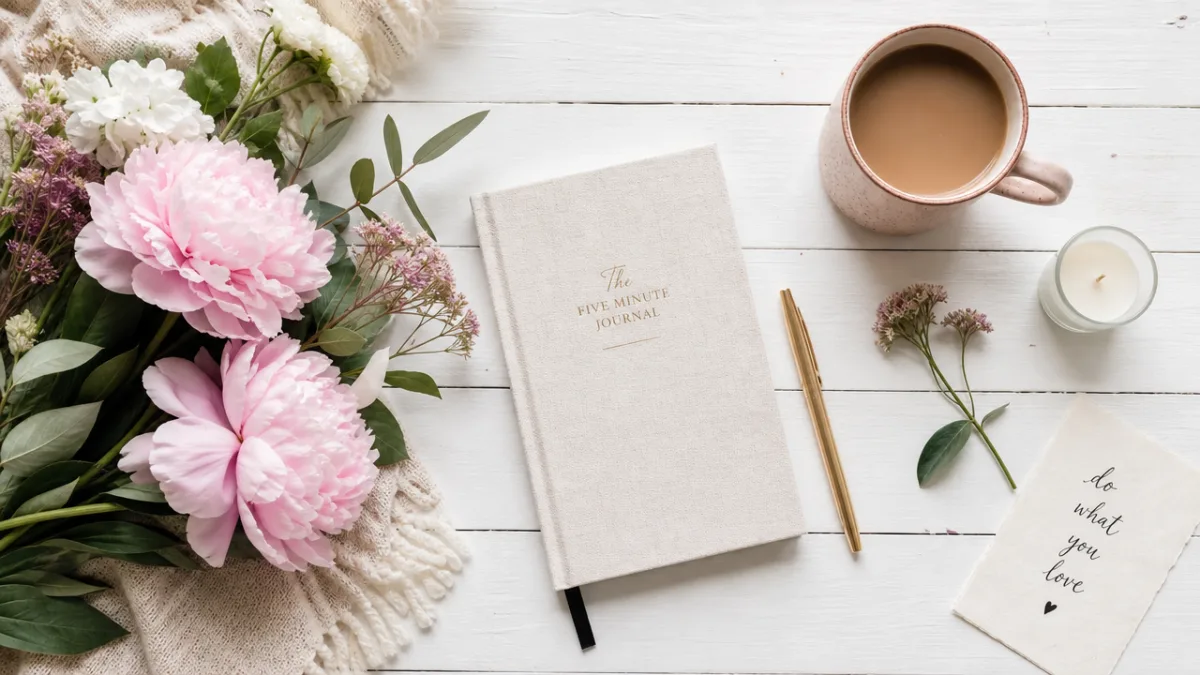 a styled flat lay on a white wooden floor with flowers, a…