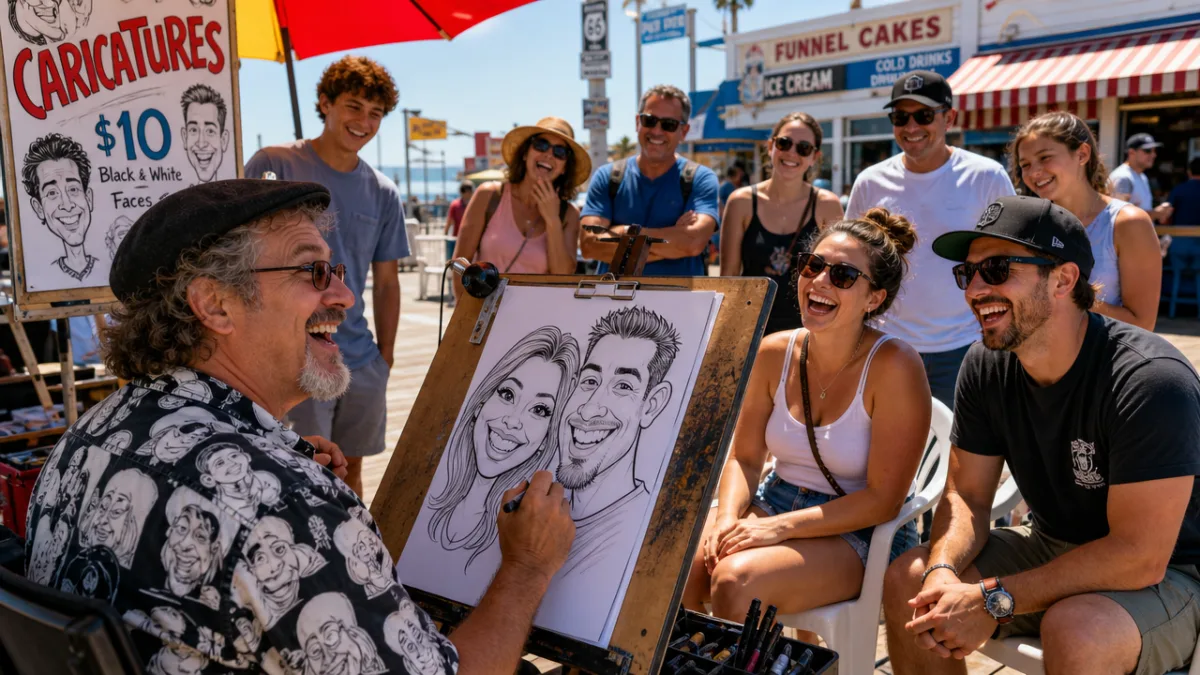 a cheerful street caricaturist working at a boardwalk stall, bright outdoor sunlight,…