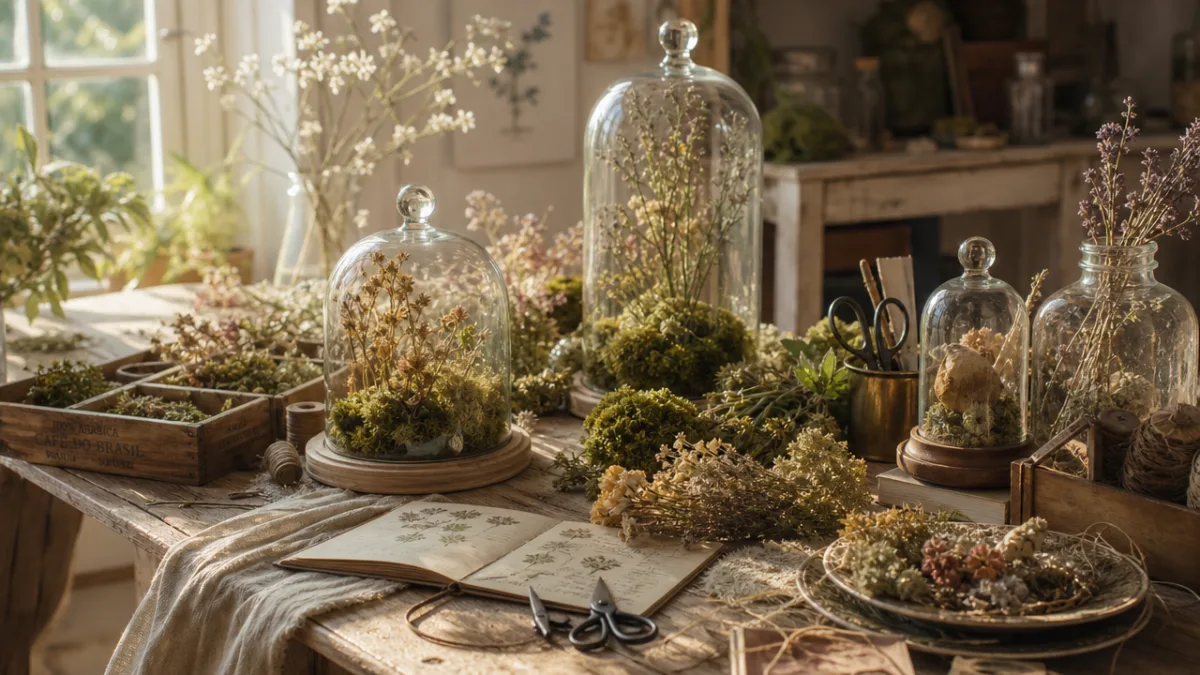a rustic wooden table covered with glass cloches, moss, dried flowers, and…