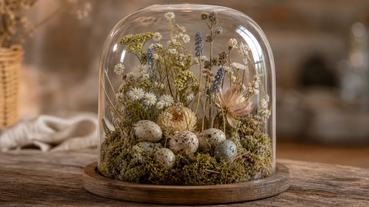 a close-up of a finished glass cloche on a wooden base filled…