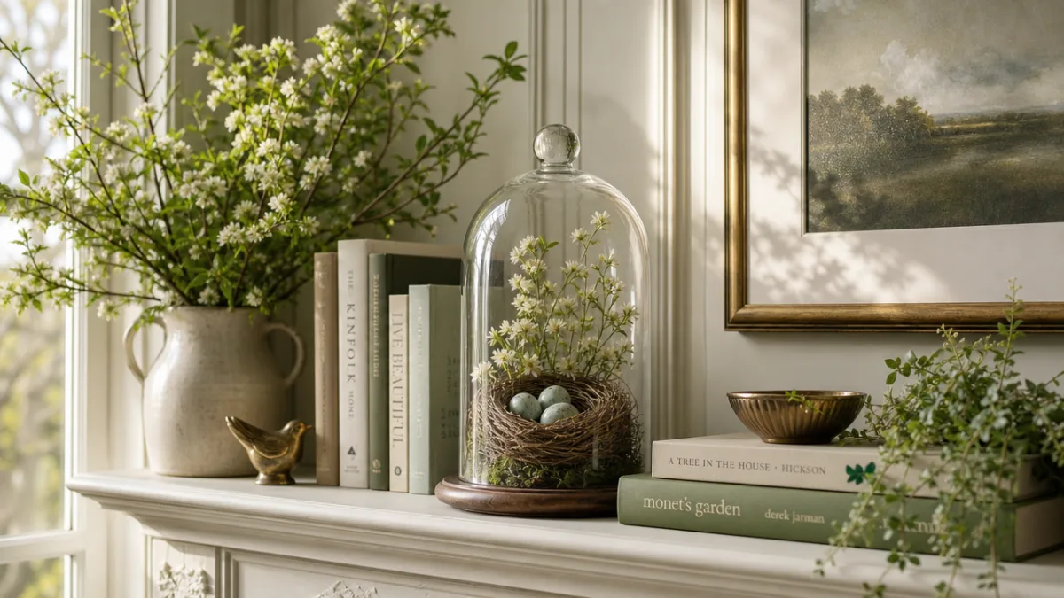 a styled home interior vignette with a glass cloche centerpiece on a…