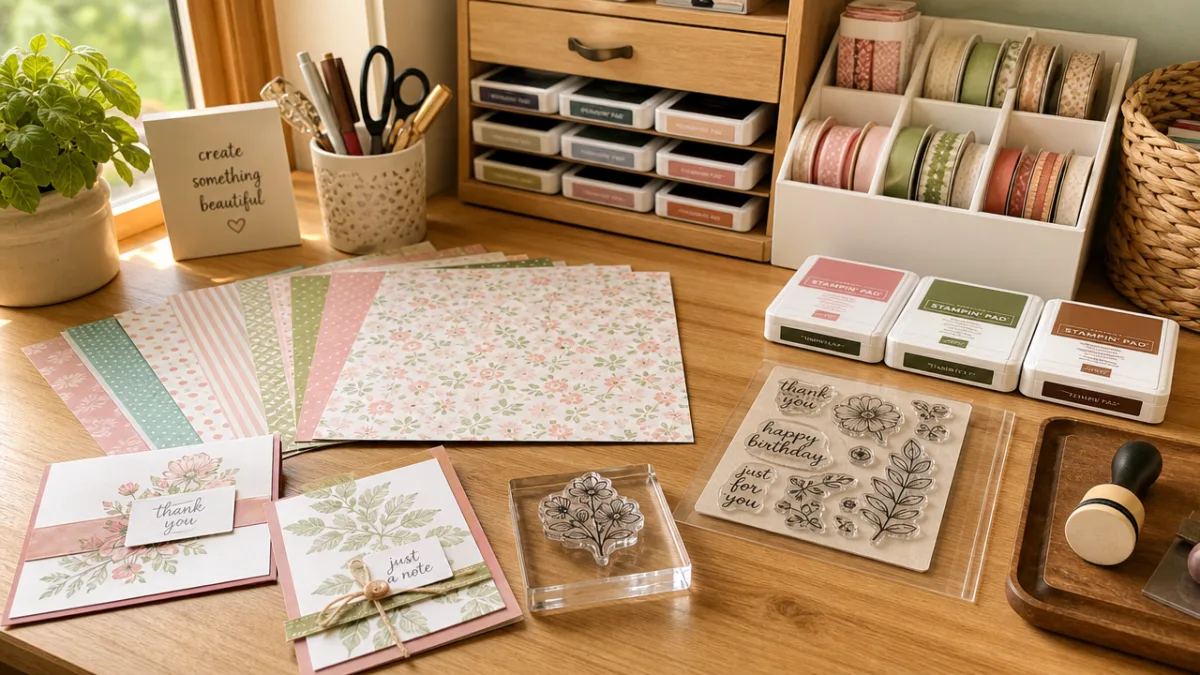 a neatly organized craft table with paper, stamps, ink pads, and ribbon…