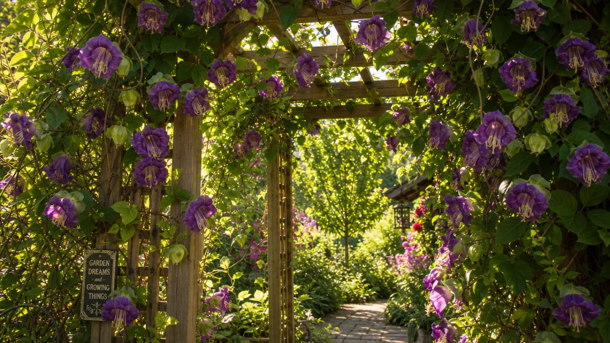 a lush garden trellis covered in purple cobaea scandens vines, warm afternoon…