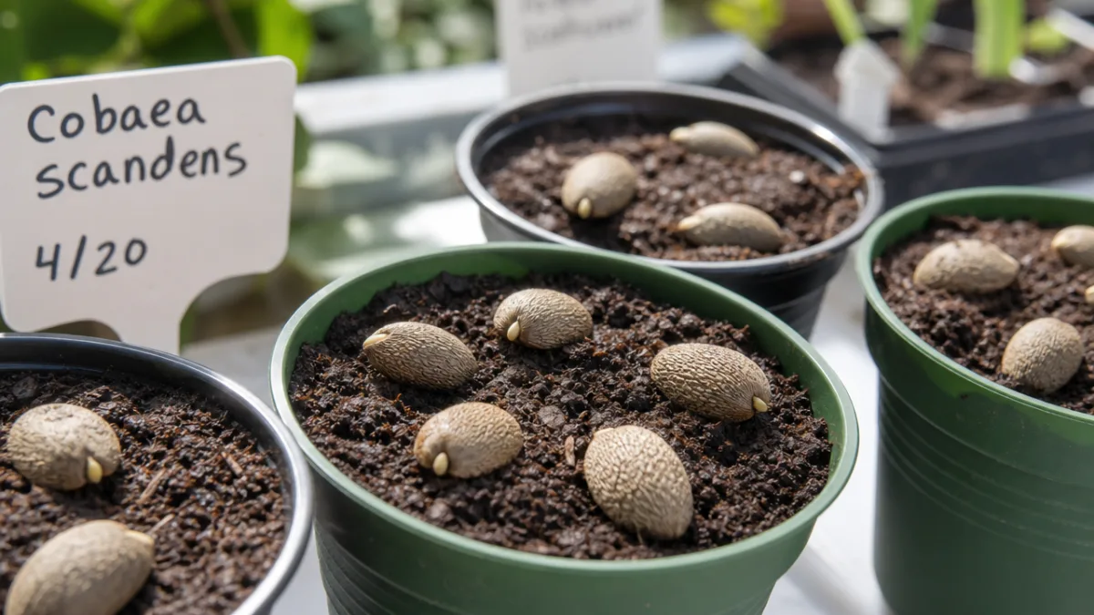 close-up of cobaea scandens seeds in small pots on a bright greenhouse…