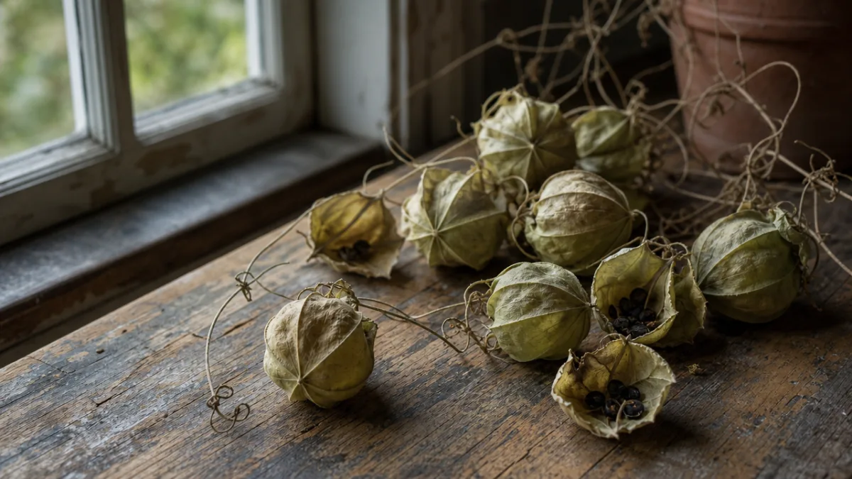 cobaea scandens seed pods drying on a rustic wooden table, soft natural…