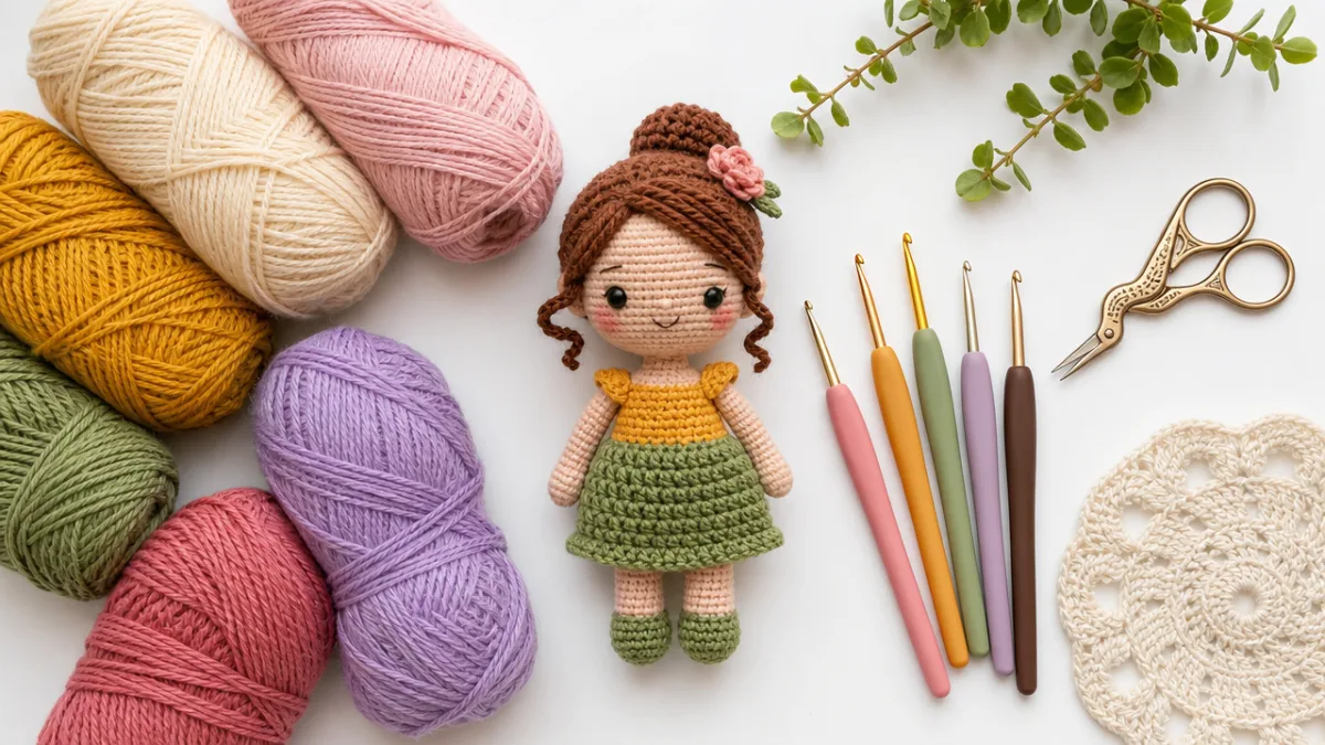 flat lay of colorful yarn skeins, crochet hooks, and amigurumi doll on…