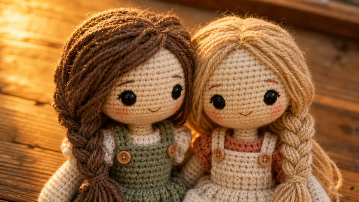 close-up of two amigurumi dolls with braided yarn hair on wooden table,…