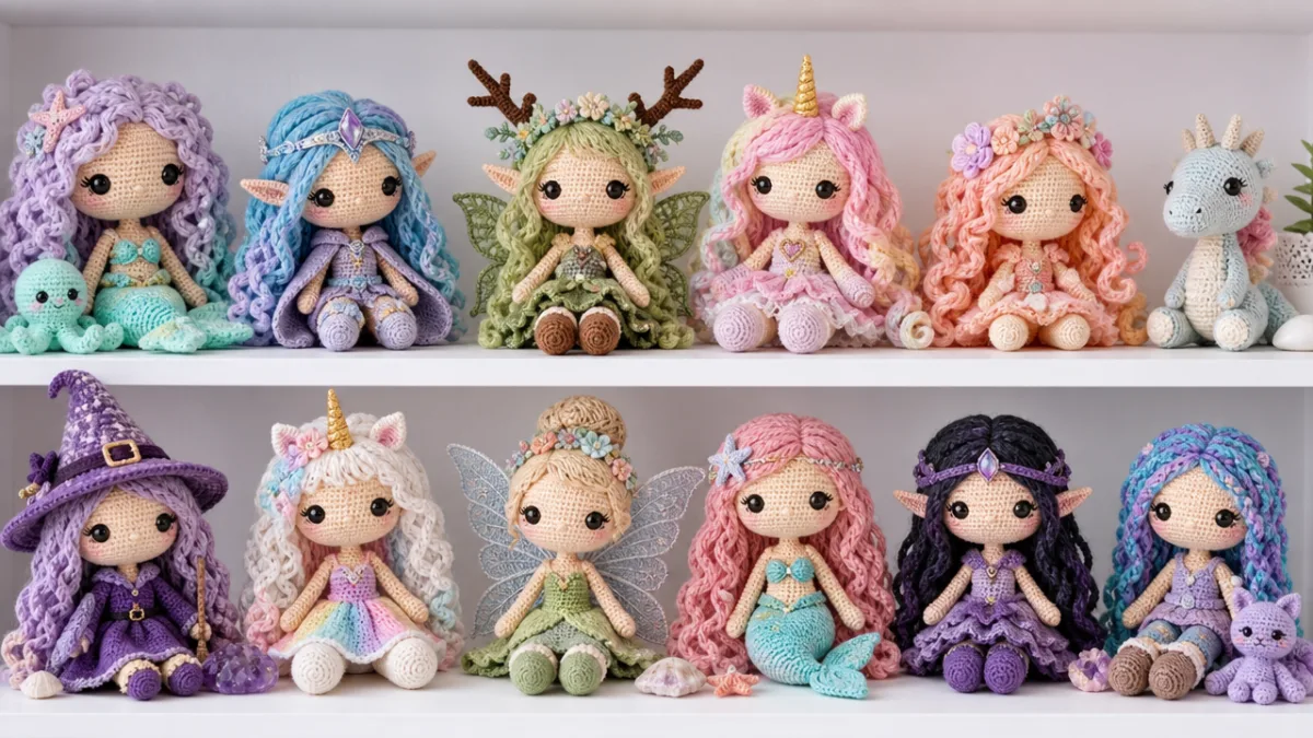 collection of colorful fantasy amigurumi dolls with pastel yarn hair arranged on…
