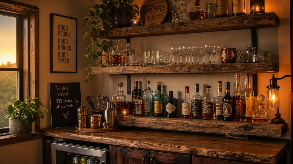 a warmly lit home bar corner with reclaimed wood shelves holding glassware…