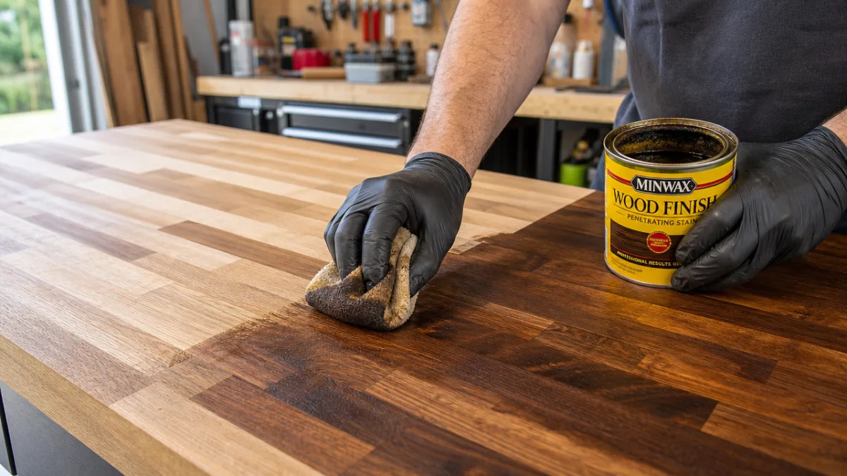close-up of hands staining a butcher block countertop in a well-lit garage…