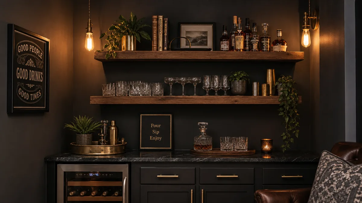 a styled home dry bar with floating shelves, glassware, and warm Edison…