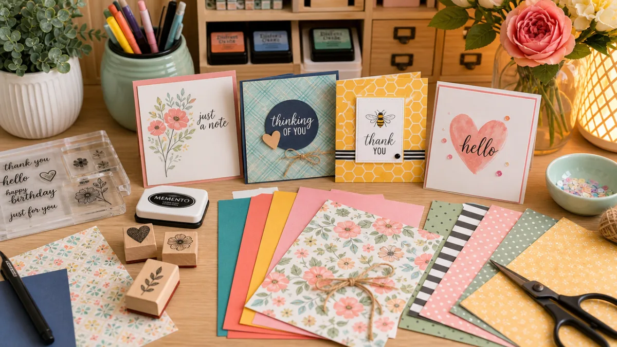 a neatly arranged craft table covered in colorful paper, stamps, and handmade…