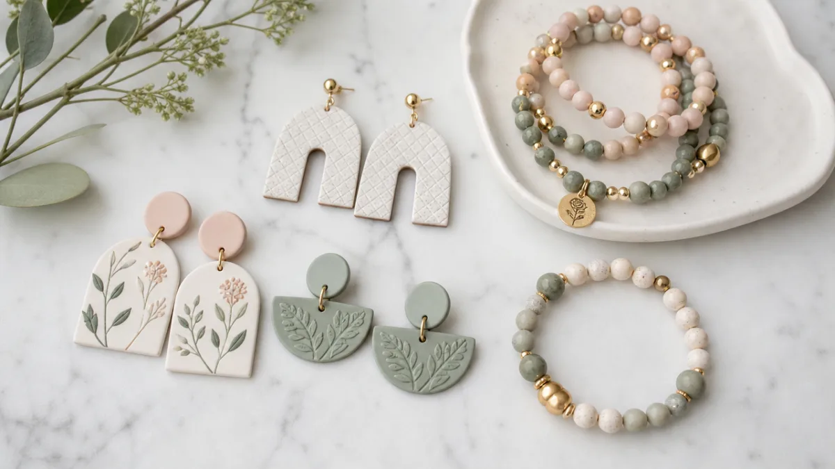 an elegant flat lay of handmade polymer clay earrings and beaded bracelets…