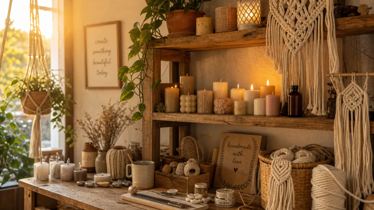 a cozy home workshop with handmade candles and macramé decor arranged on…