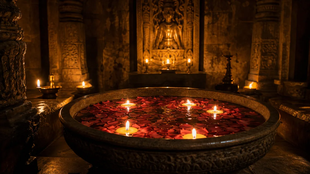 a candlelit water bowl filled with floating rose petals in a dimly…