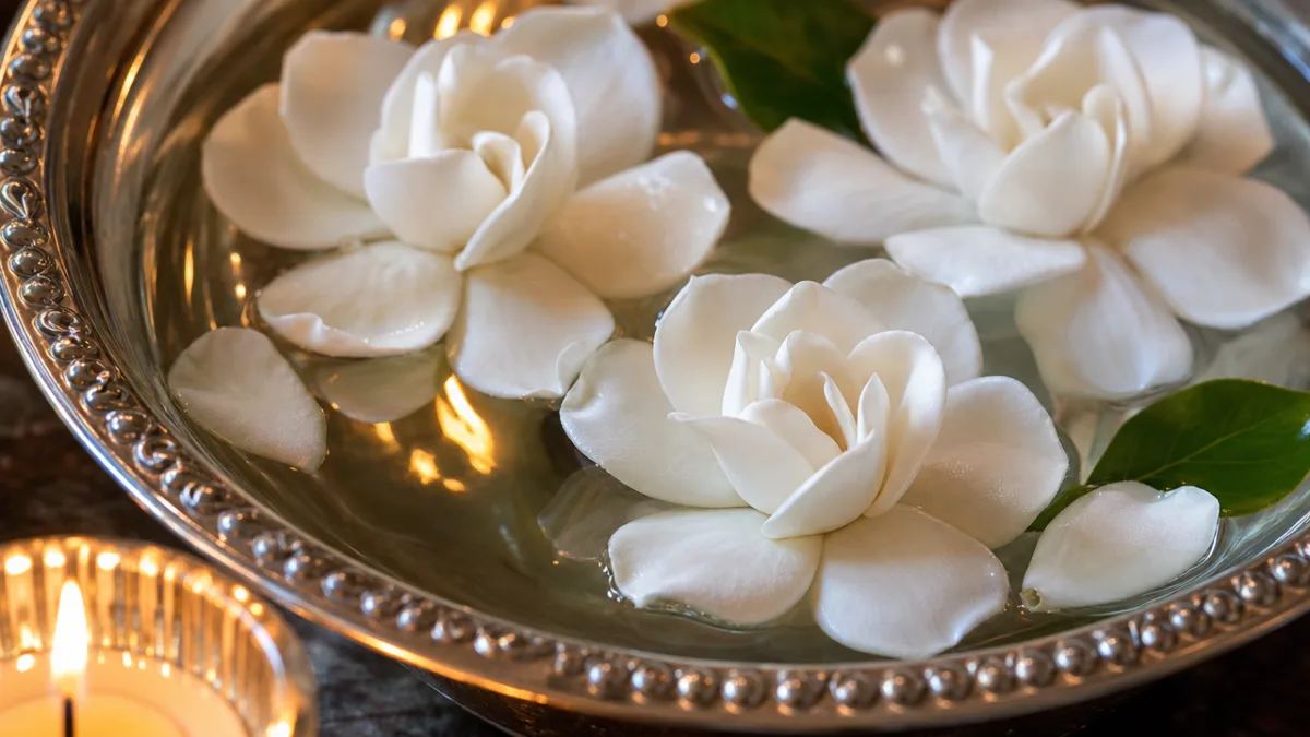 a close-up of white gardenia blooms floating in a silver bowl with…