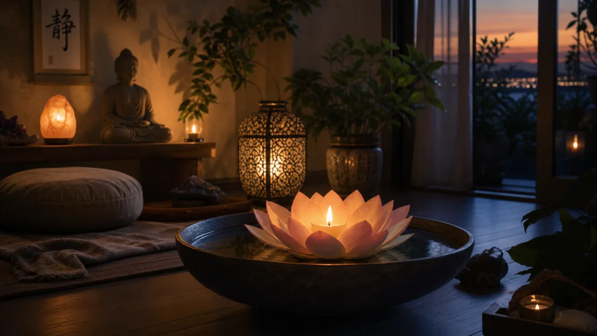 a serene meditation corner with a floating lotus candle bowl glowing softly…