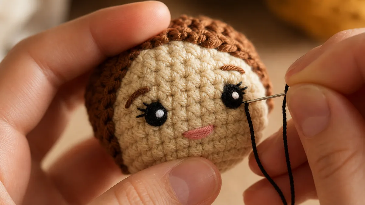close-up of small crocheted amigurumi face with embroidered eyes being stitched by…