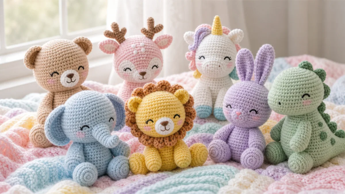 collection of finished baby amigurumi toys with embroidered eyes arranged on a…