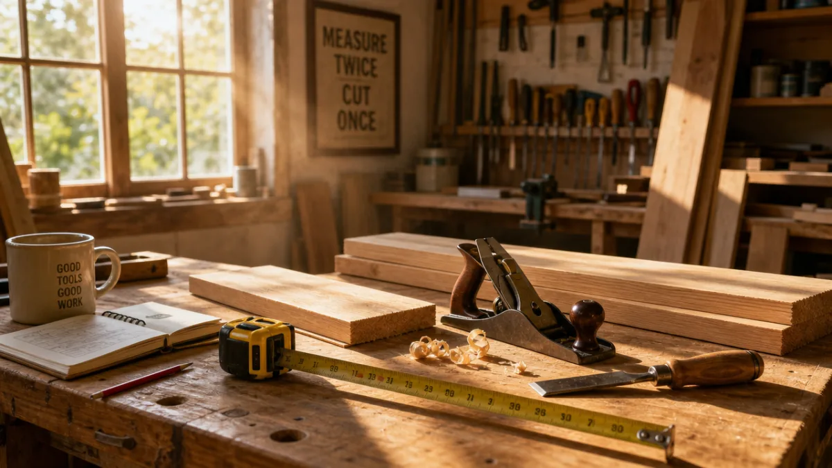 a sunlit workshop with wooden boards, measuring tape, and hand tools laid…