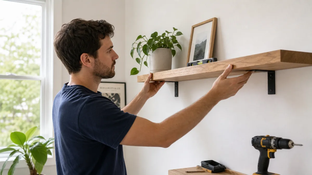 a person installing a wooden shelf on a white wall, natural light…