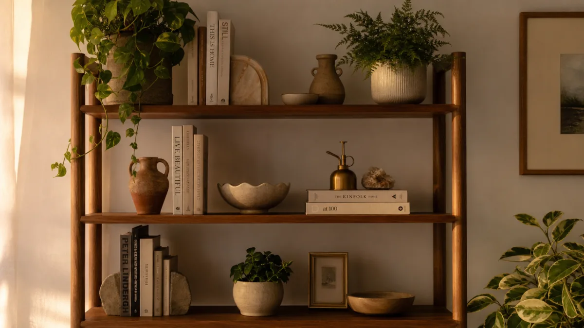a beautifully styled wooden shelf with books, plants, and ceramics against a…