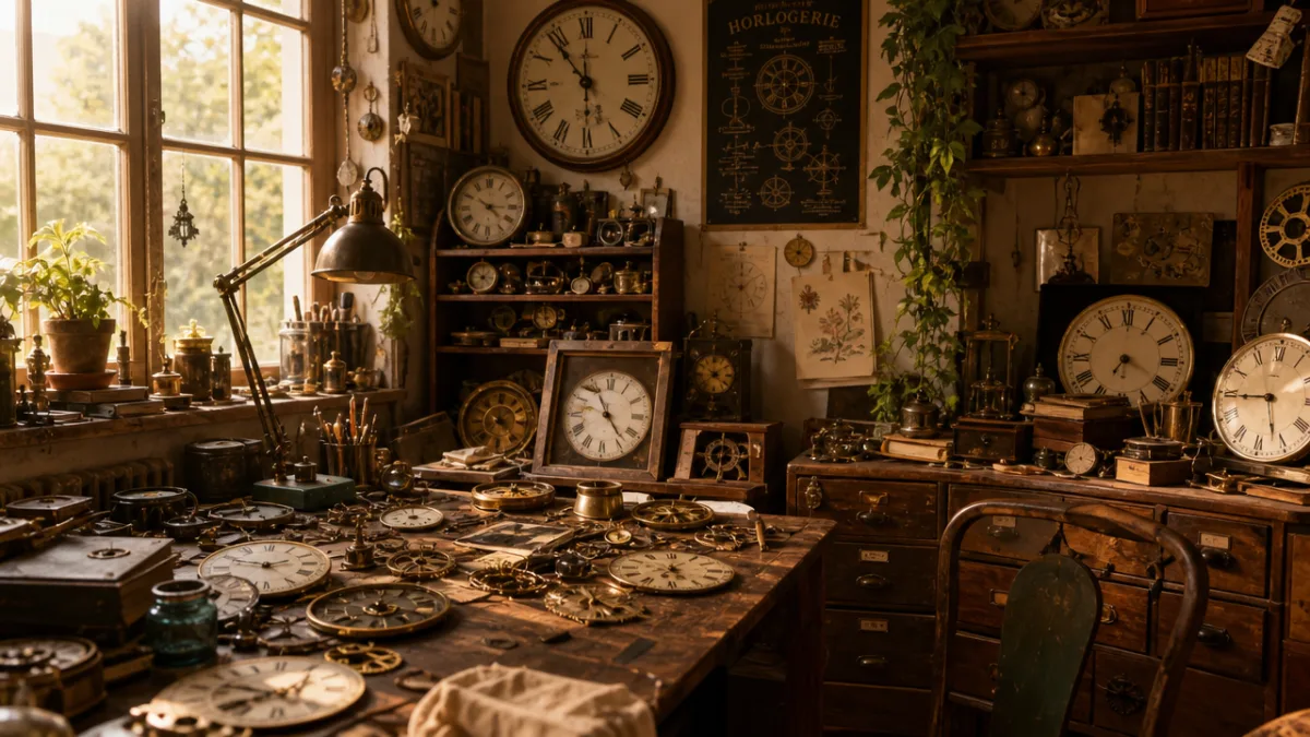 a warm cluttered artist studio filled with vintage clock parts and watch…