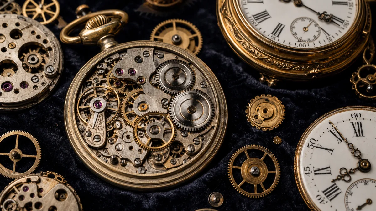 close-up of intricate vintage watch gears and clock faces arranged artistically on…