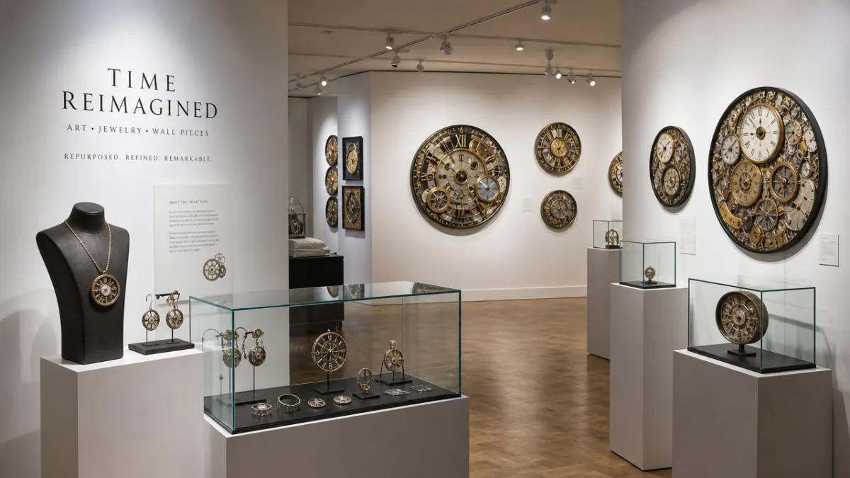elegant display of repurposed clock art jewelry and wall pieces in a…