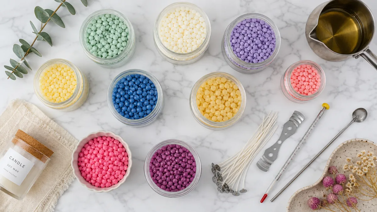 a flat lay of colorful wax granules, glass jars, wicks, and candle-making…