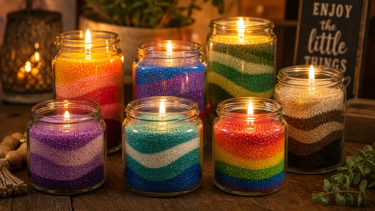 a collection of colorful layered pearled sand candles in glass jars glowing…