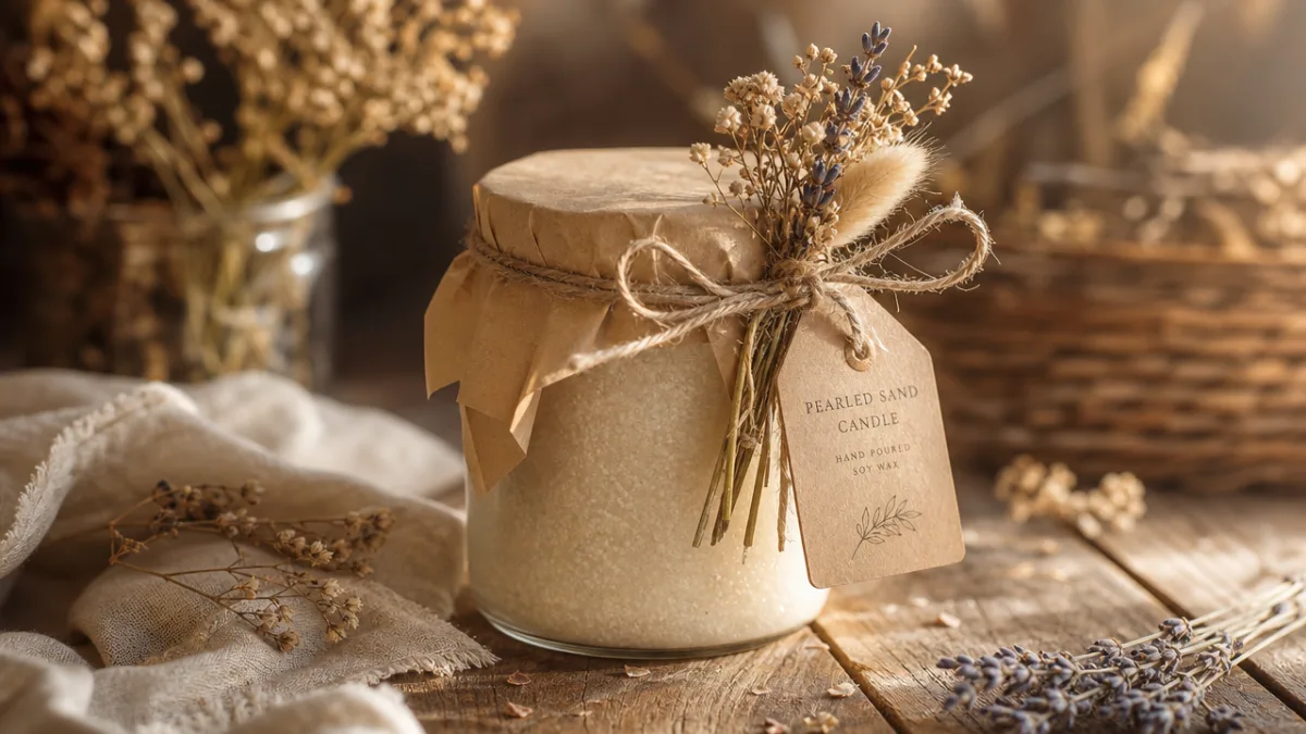 an elegant gift-wrapped pearled sand candle with kraft paper, twine, and dried…