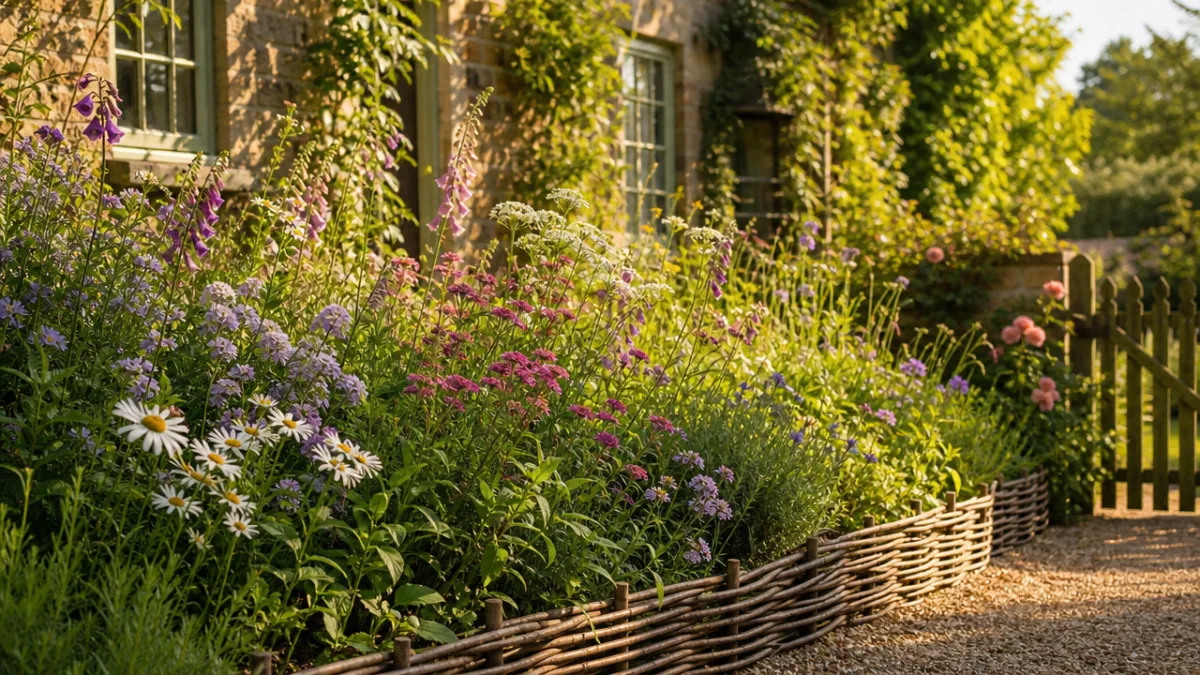 a lush cottage garden border with woven willow edging and wildflowers, warm…