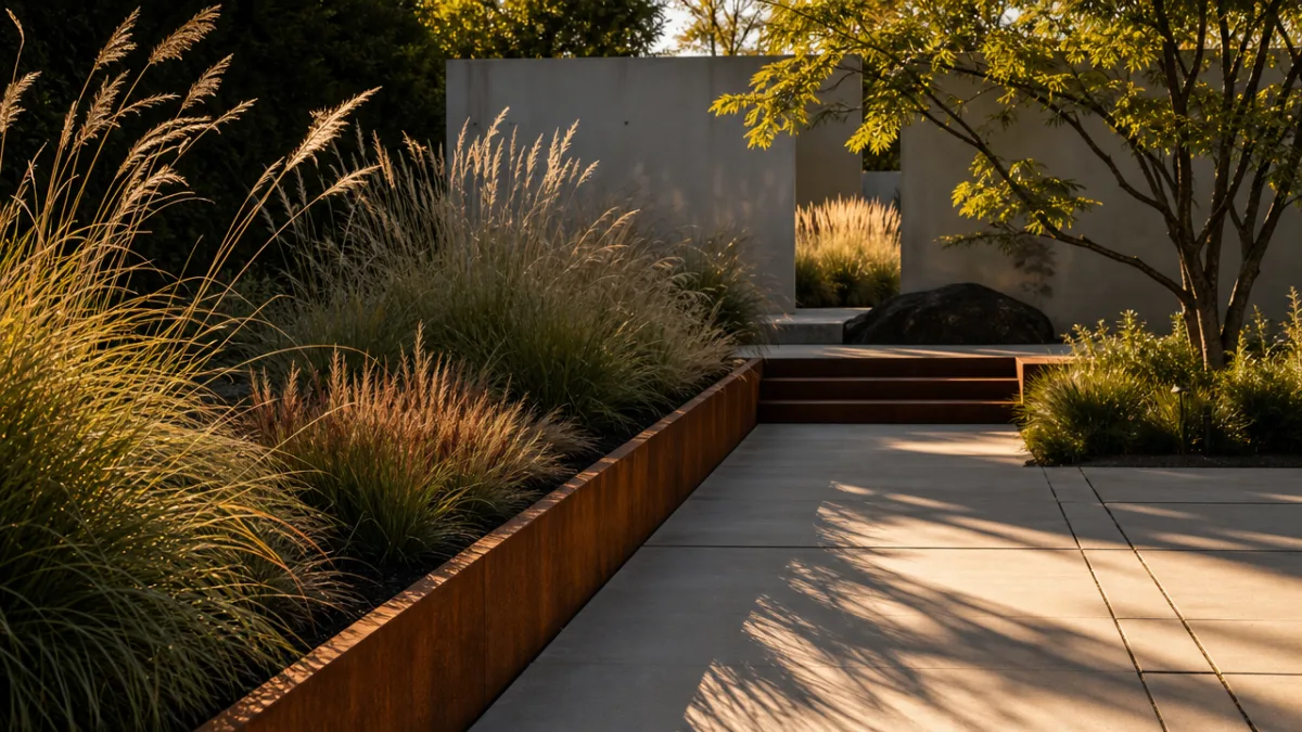 a sleek modern garden with corten steel edging bordering ornamental grasses, dramatic…