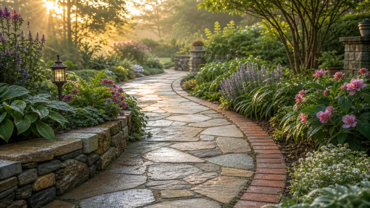 a well-maintained garden path with mixed stone and brick edging, soft morning…