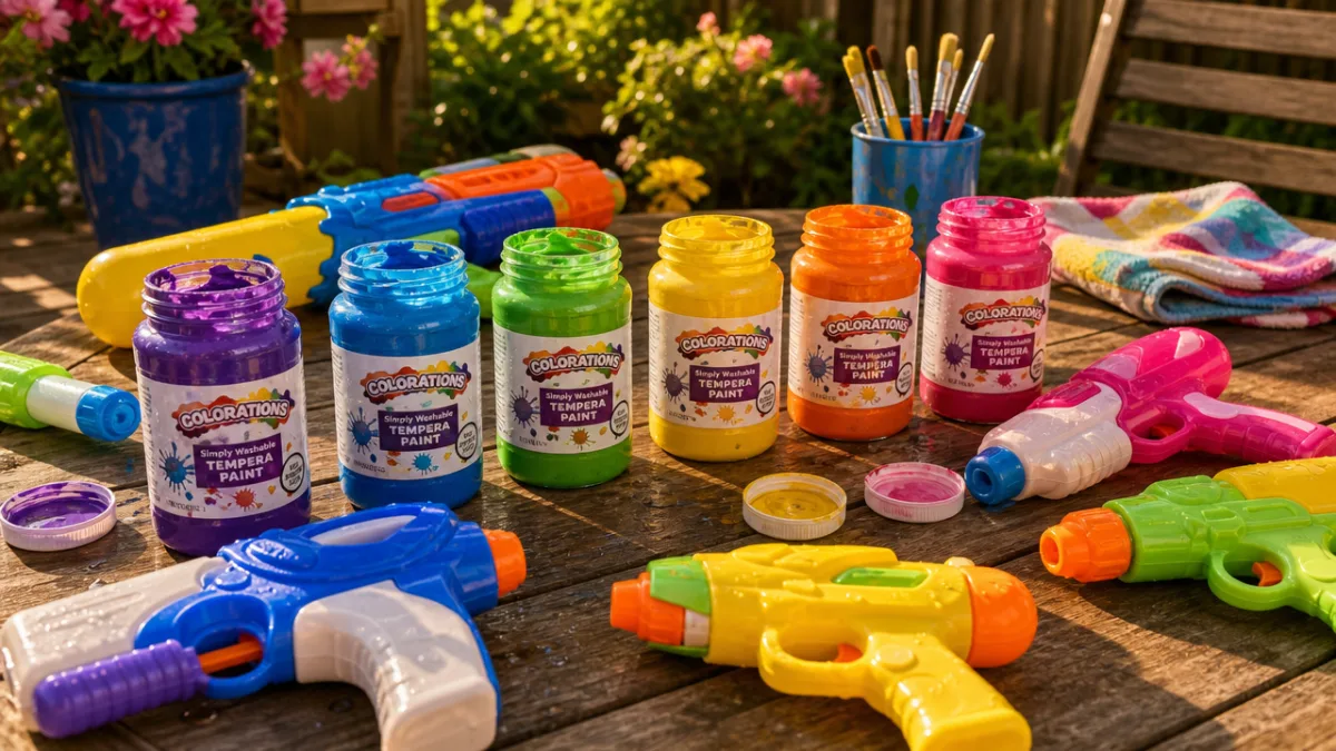 colorful squirt guns and jars of bright tempera paint arranged on a…