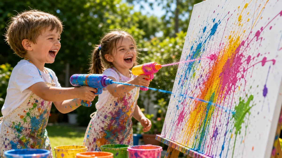 two young children laughing joyfully while squirting colorful paint at a large…