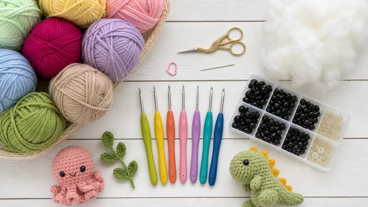 a flat lay of colorful crochet yarn, hooks, safety eyes, and stuffing…