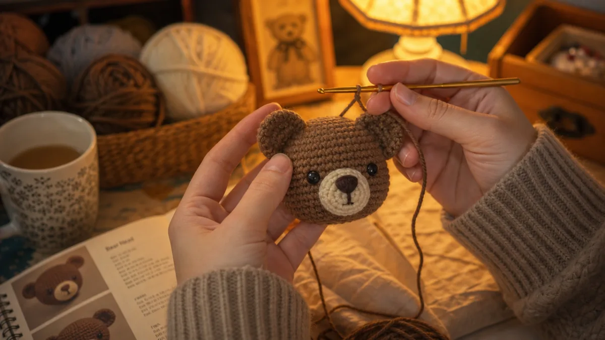 hands crocheting a small brown teddy bear head in warm indoor lamplight,…
